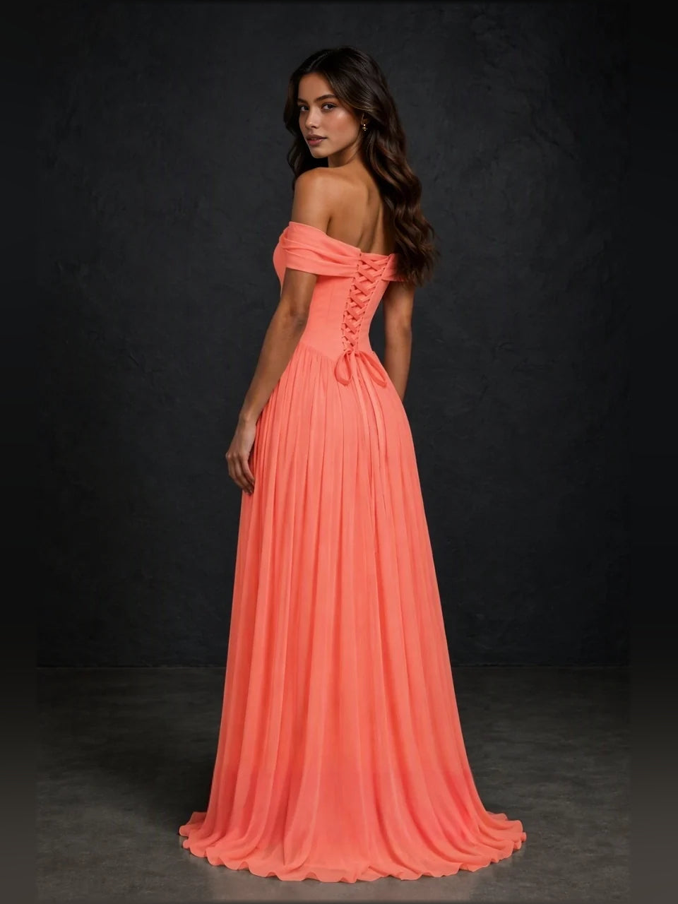 Coral pink off-shoulder draped corset A-line bridesmaid dress, floor length