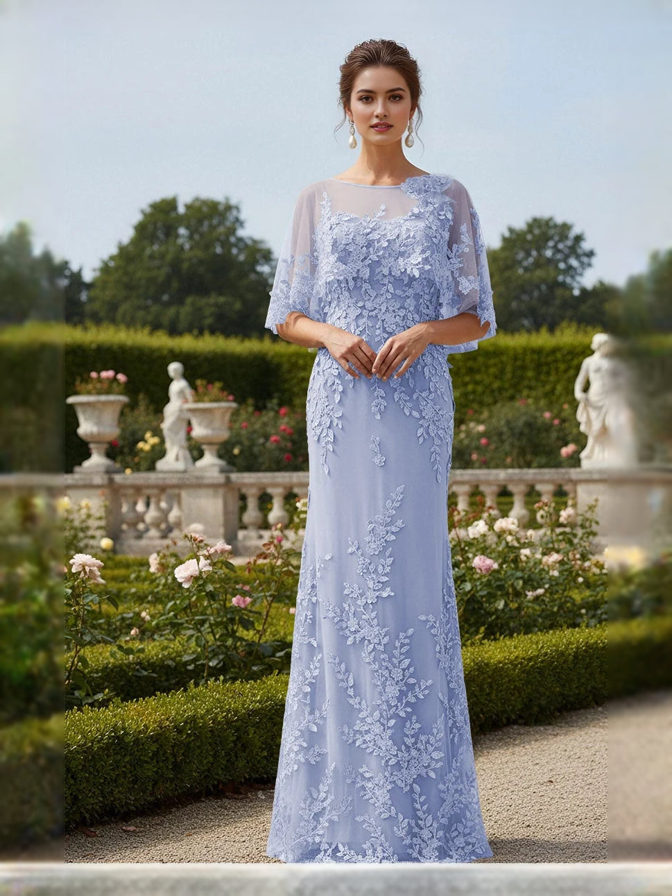 Light purple tulle mermaid maxi dress with floral applique, bateau neckline, 3/4 sleeves