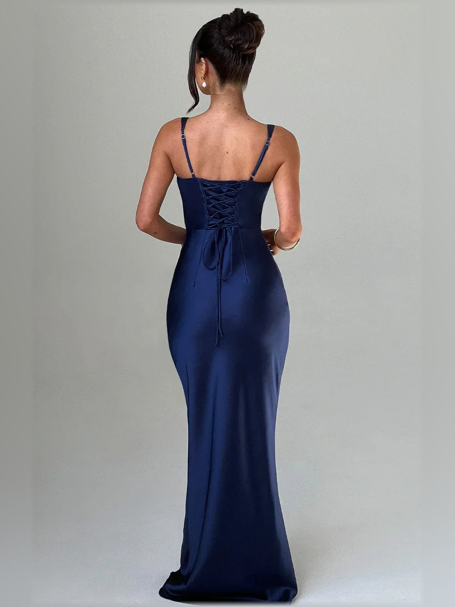 Navy blue v-neck corset mermaid formal dress with tie-back detail and long skirt
