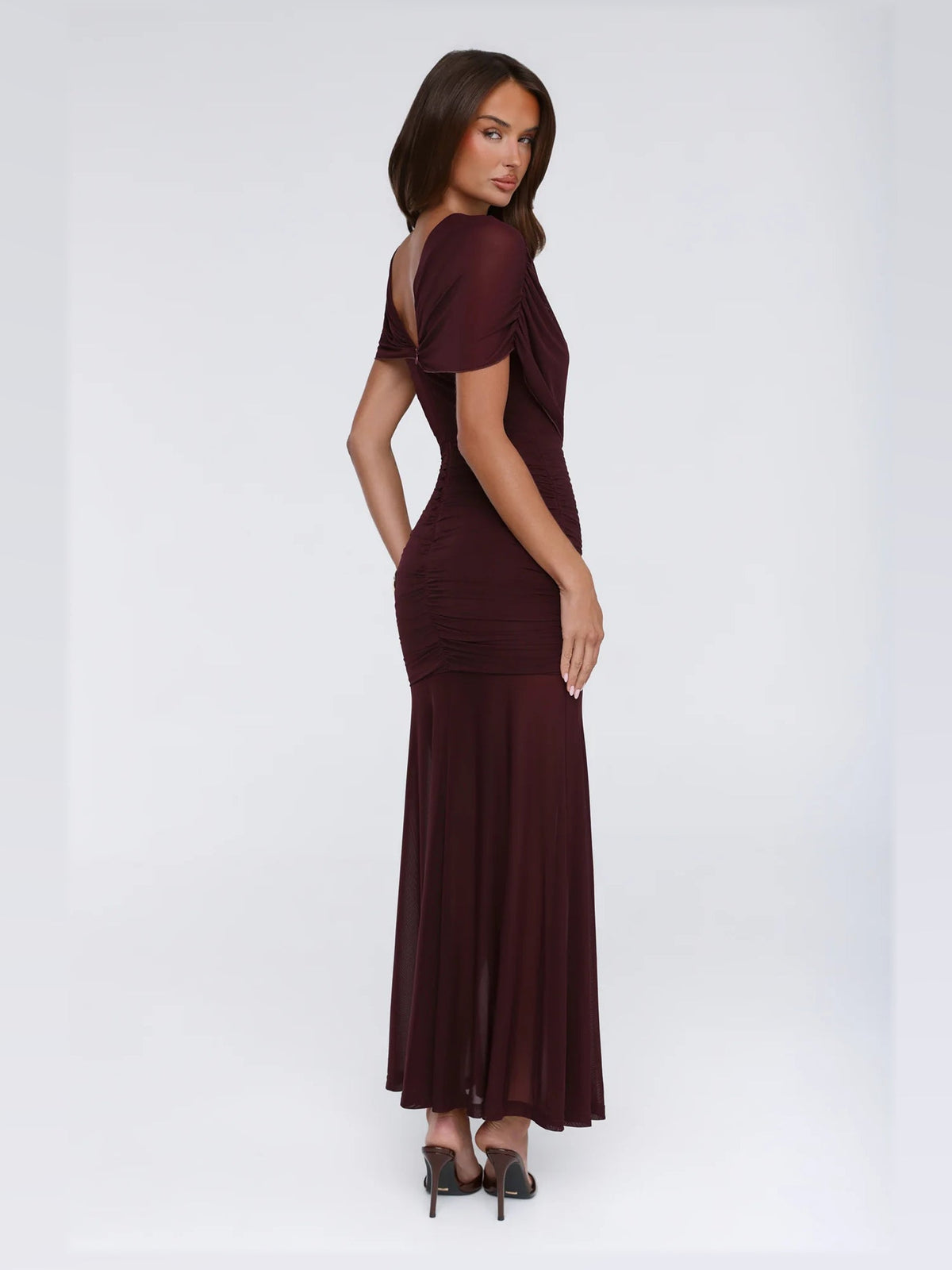 Burgundy maxi formal dress, alternate full-length view showing the overall shape