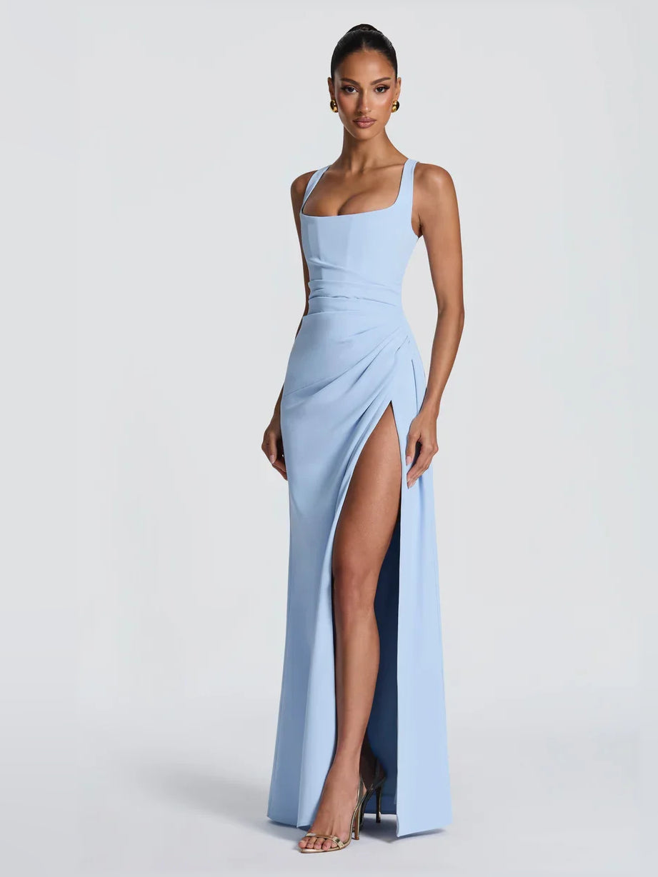 Light blue square-neck formal dress with ruched bodice and high side slit