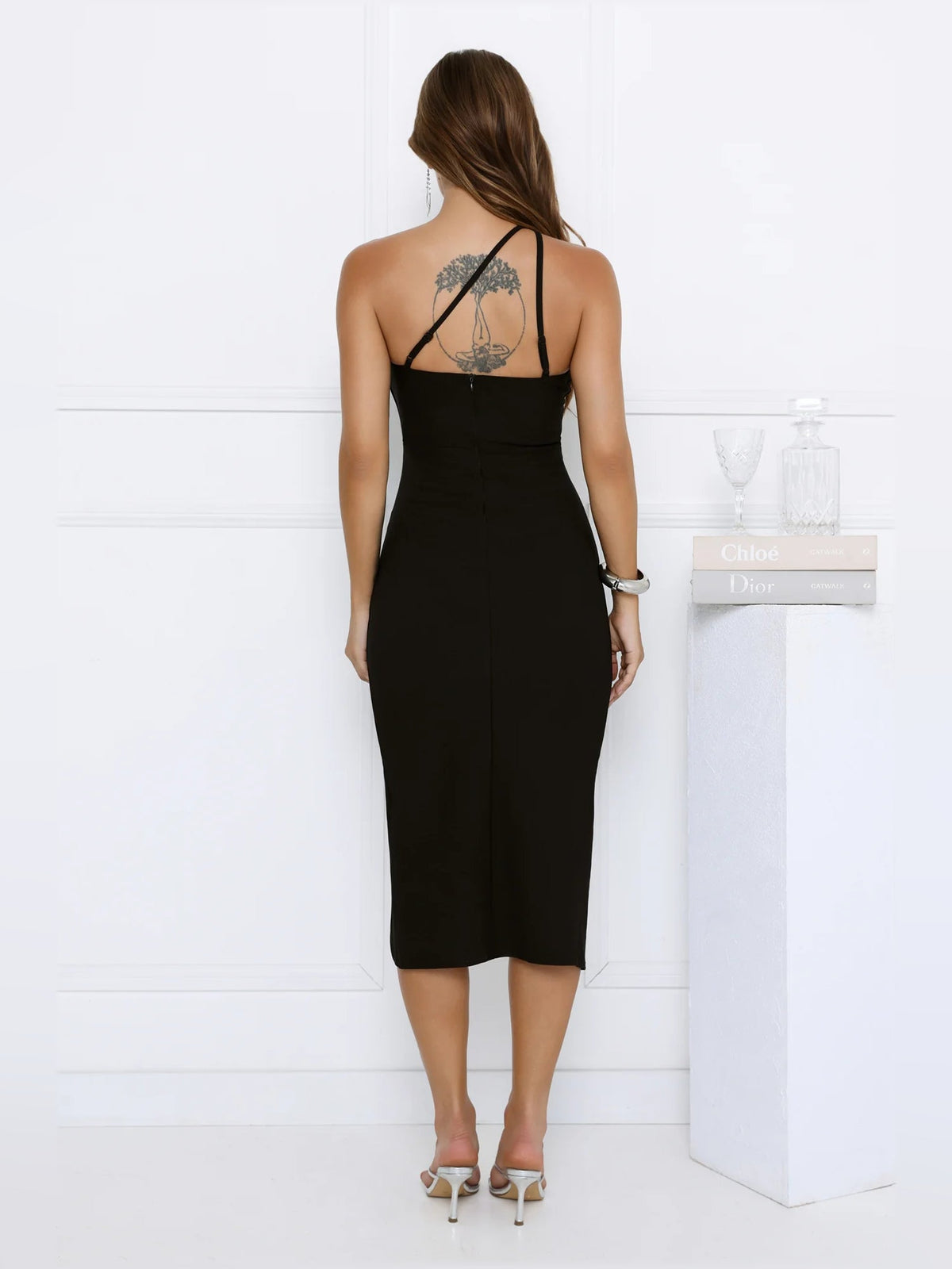 Boldly Stood midi formal dress in black, open back with halter straps, midi length