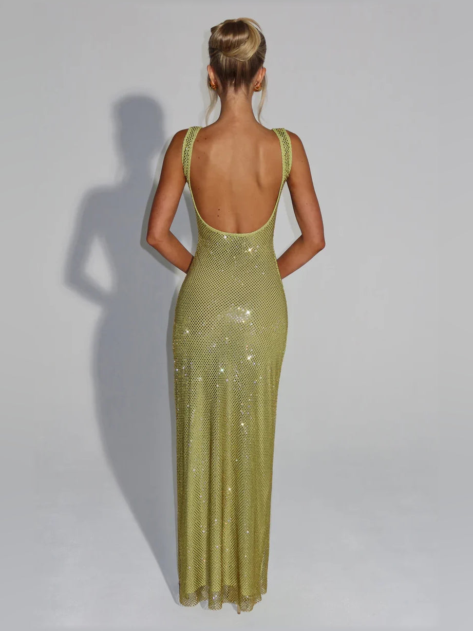 Olive green sequin mermaid formal dress with open back and floor-length hem