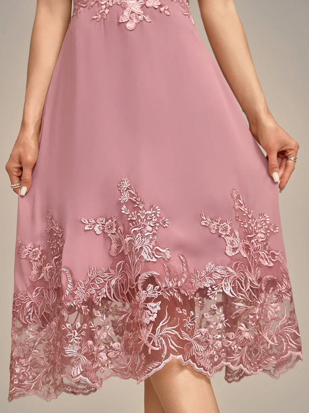 Dusty rose chiffon skirt with embroidered floral border and scalloped lace trim