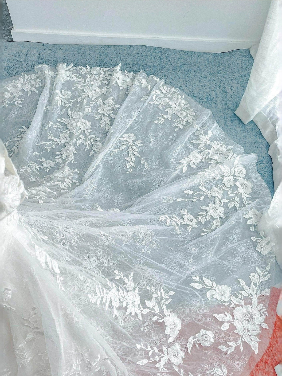 Ivory embroidered tulle skirt fabric with floral lace appliques and layered overlay
