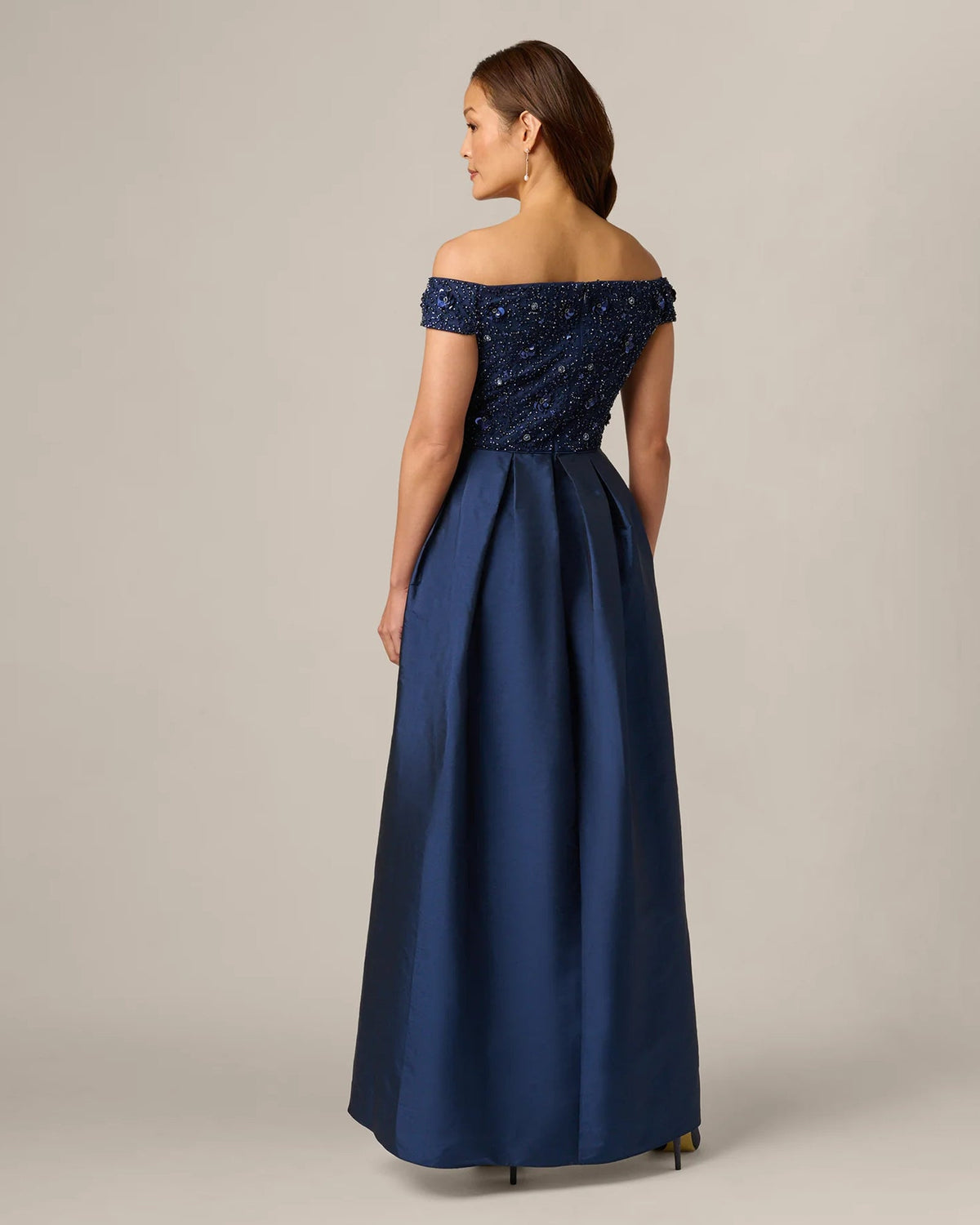 Light navy off-shoulder A-line maxi dress with sparkling bodice and draped skirt
