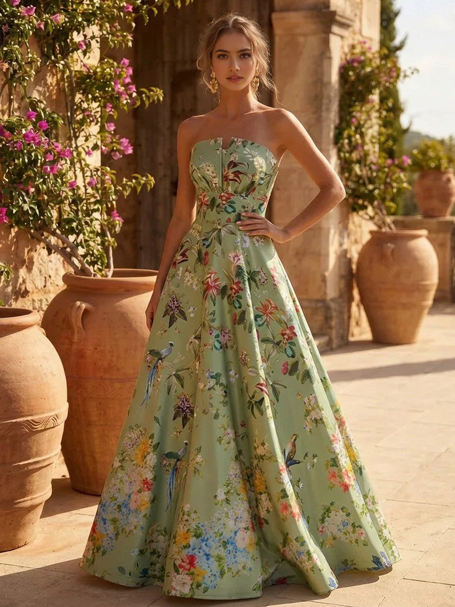 Floral strapless A-line prom dress in mint green satin, floor-length with full skirt