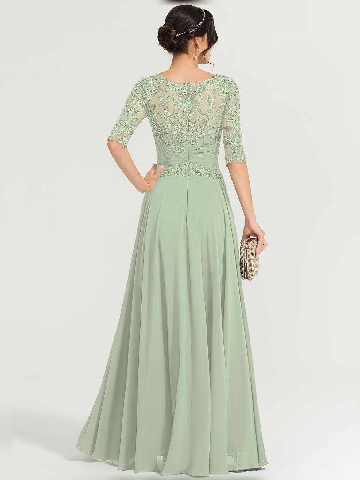 Eucalyptus green A-line maxi chiffon dress back view with illusion lace floral bodice