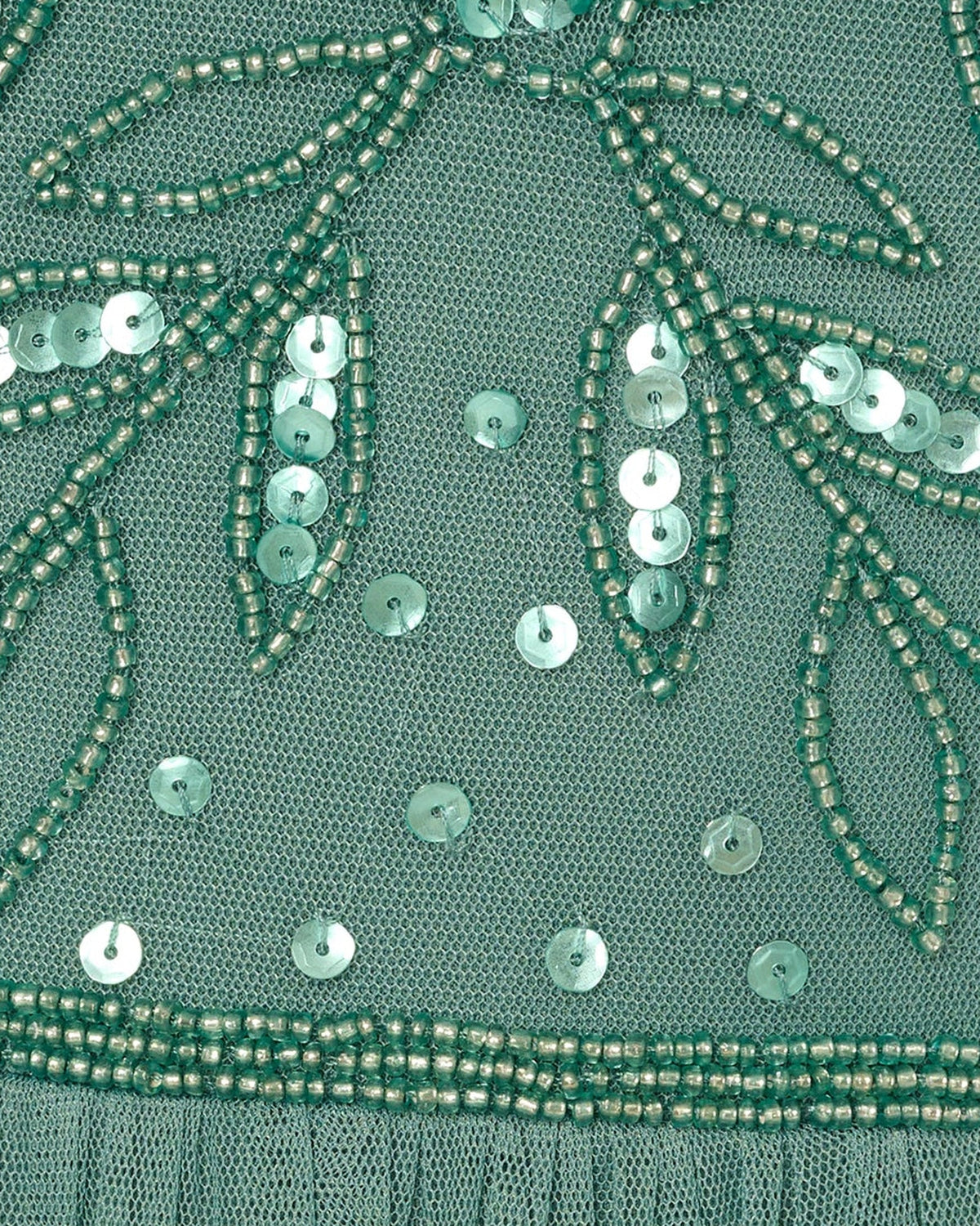 Seafoam green beaded mesh bodice with sequins and bead embroidery close-up