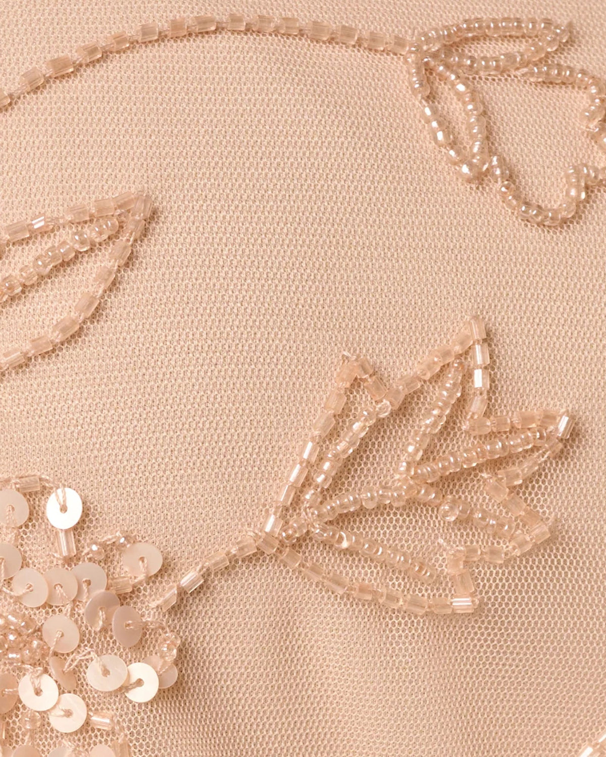Blush pink mesh fabric with floral sequin and bead embroidery detail
