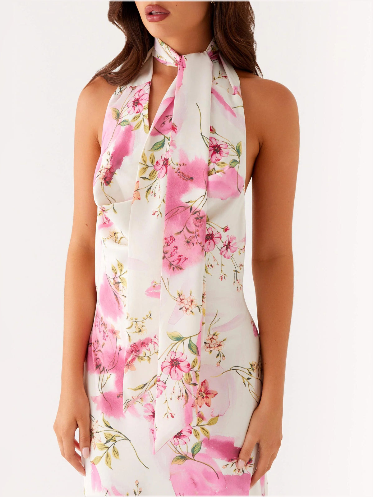 Ivory floral midi formal dress close-up: halter scarf neck and sleeveless bodice