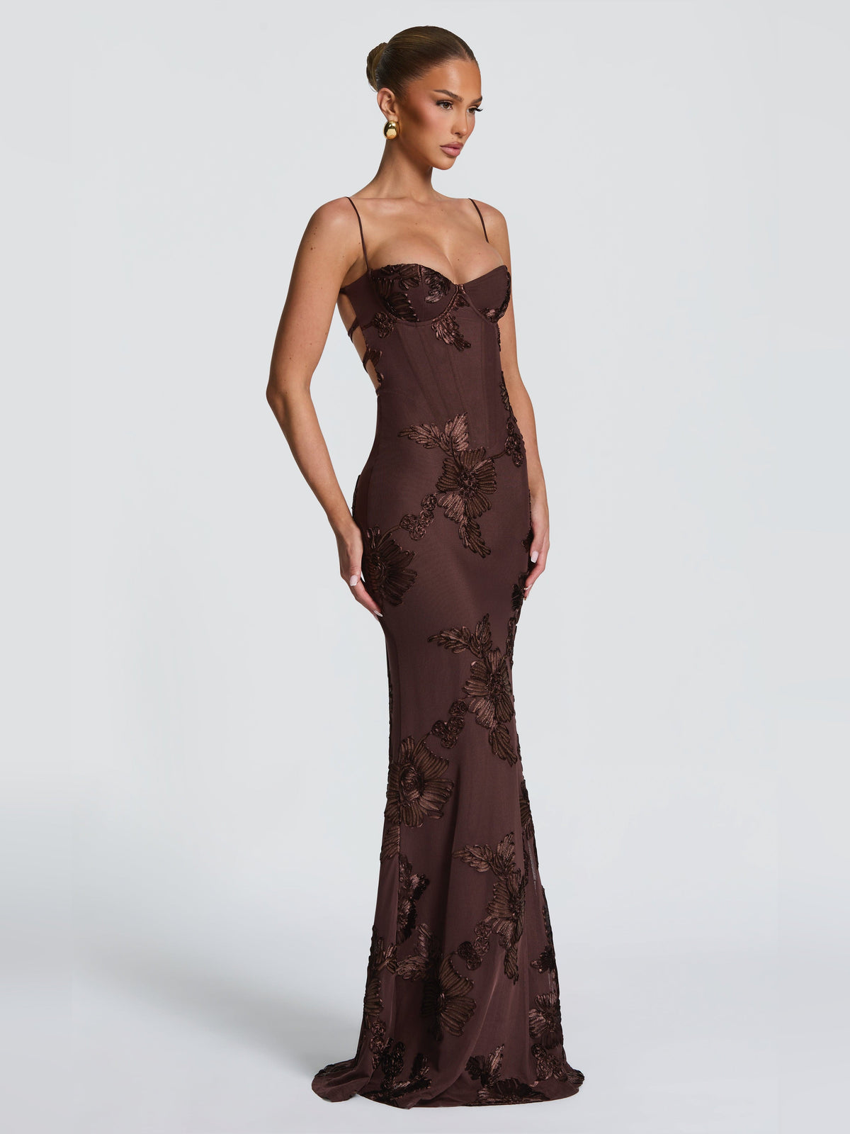Brown mermaid maxi formal dress with corset-style bodice, alternate full-length view showing the hem