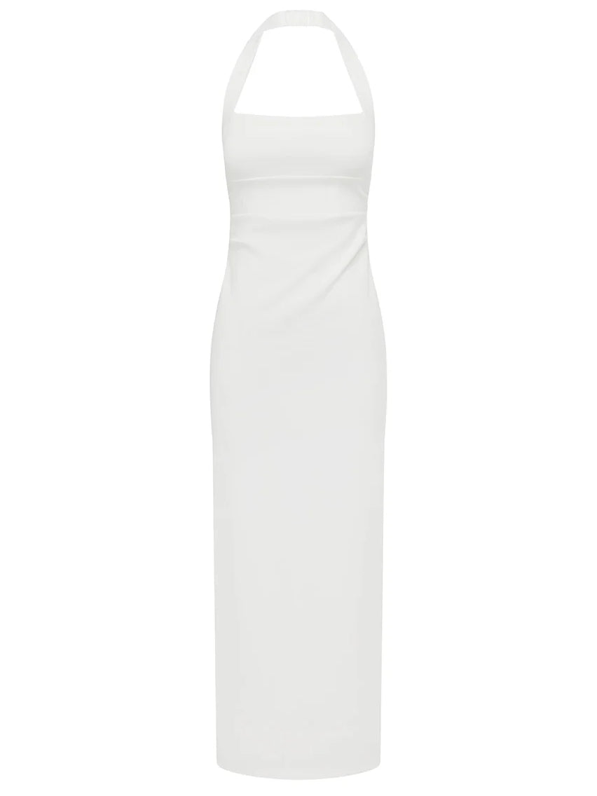 White halter midi formal dress product cutout, square neckline, fitted sheath style.