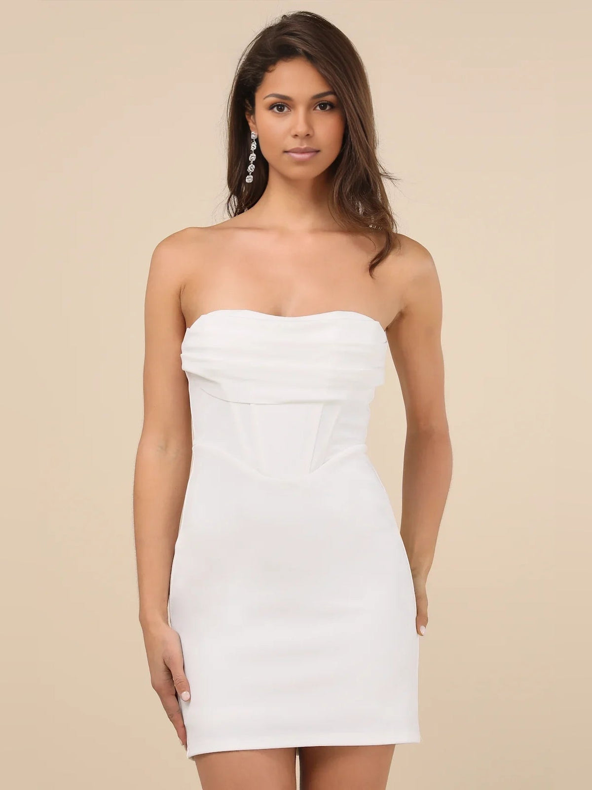 White strapless corset bodycon mini crepe dress with straight neckline