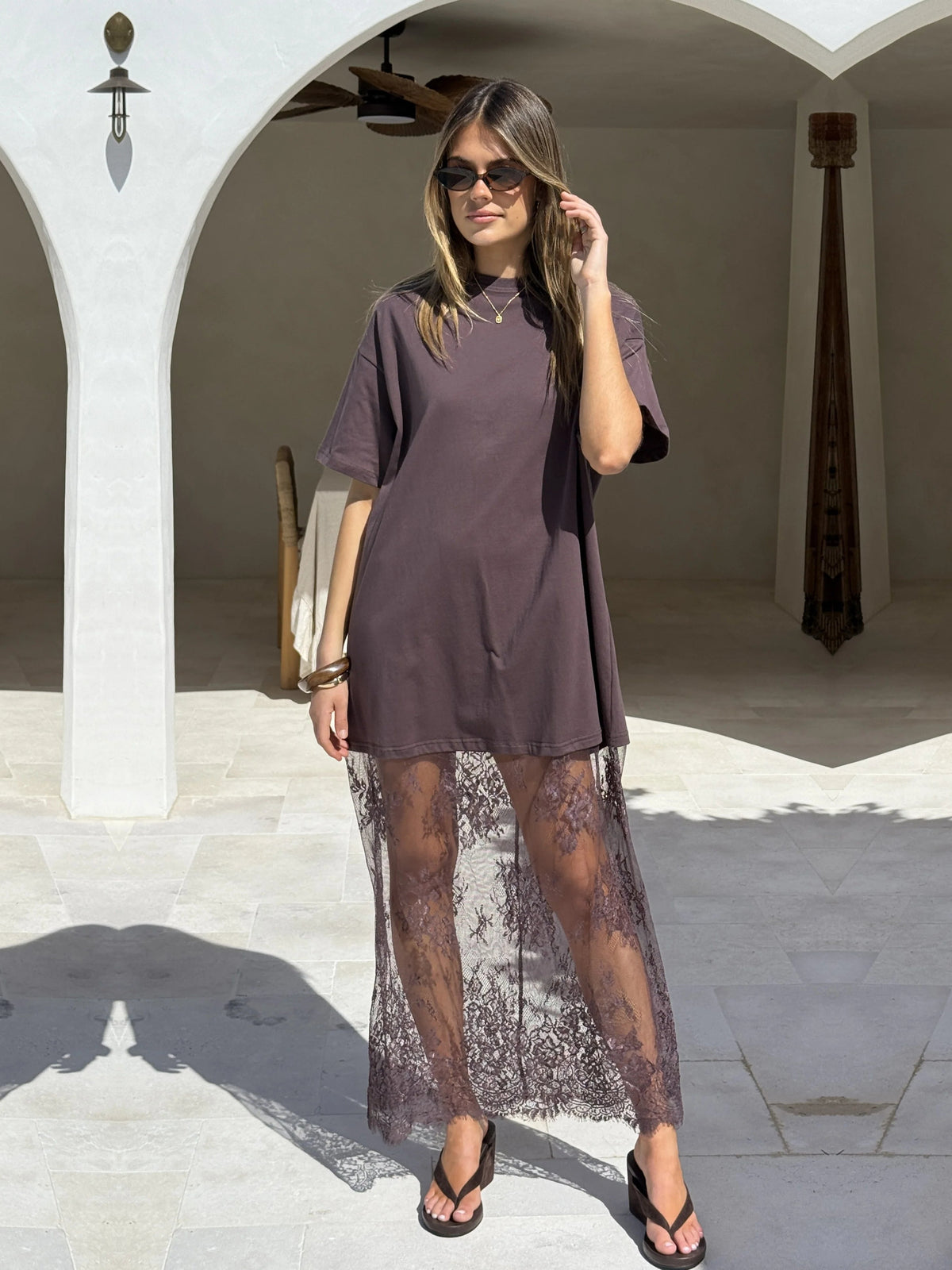 Brown a-line maxi formal dress with a-line, alternate view showing the hem