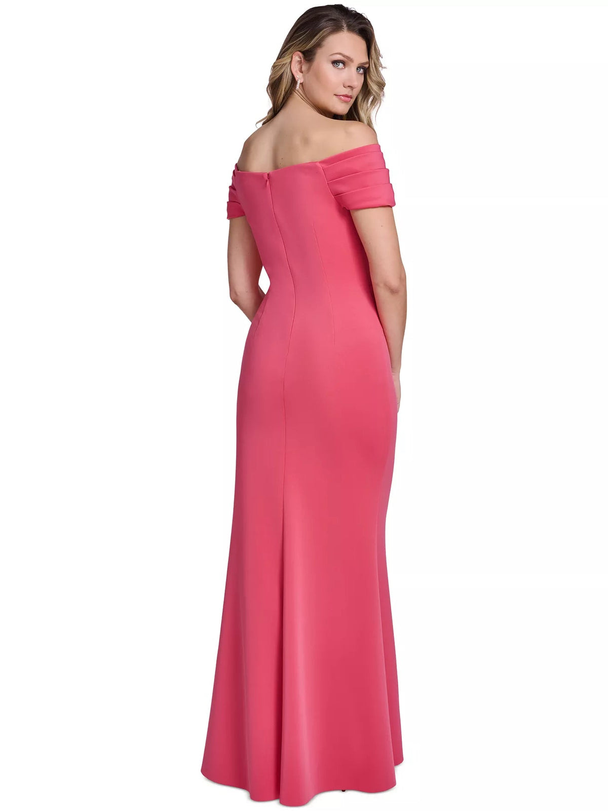 Cherry off-the-shoulder formal dress with gathered off-shoulder pleats
