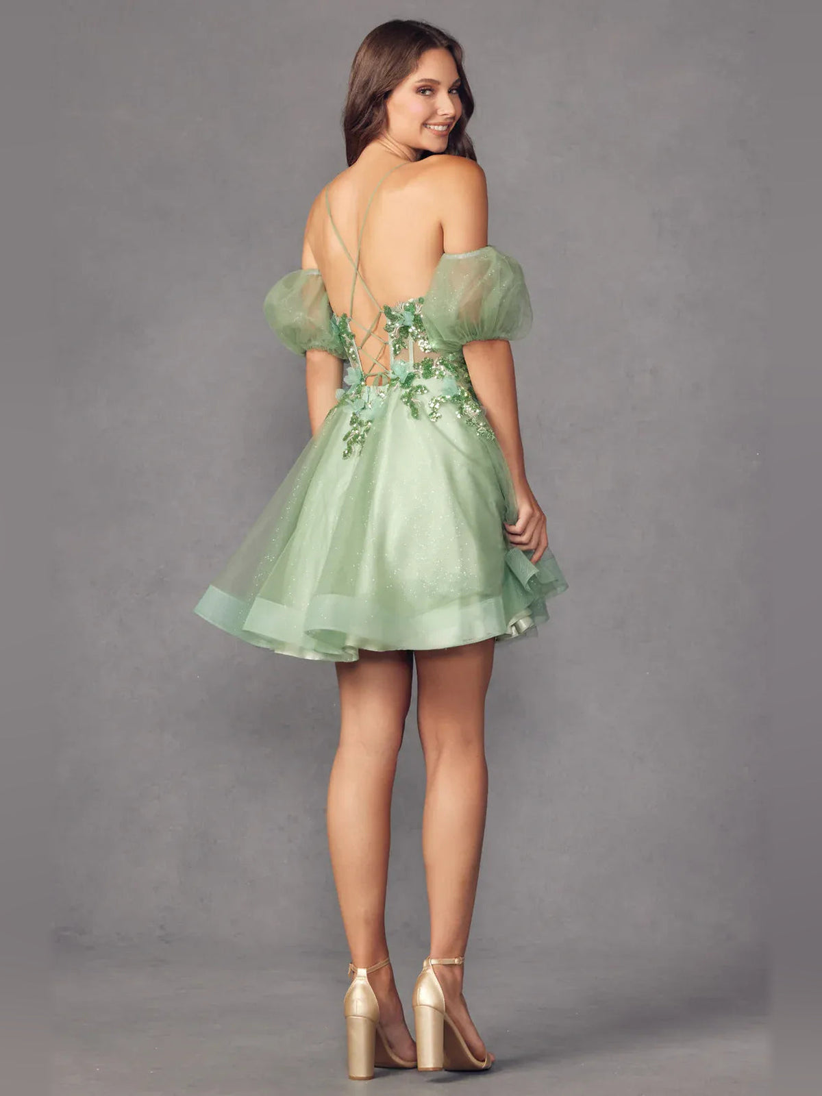 Dusty sage floral-applique corset V-neck short tulle A-line dress, open back puff sleeves