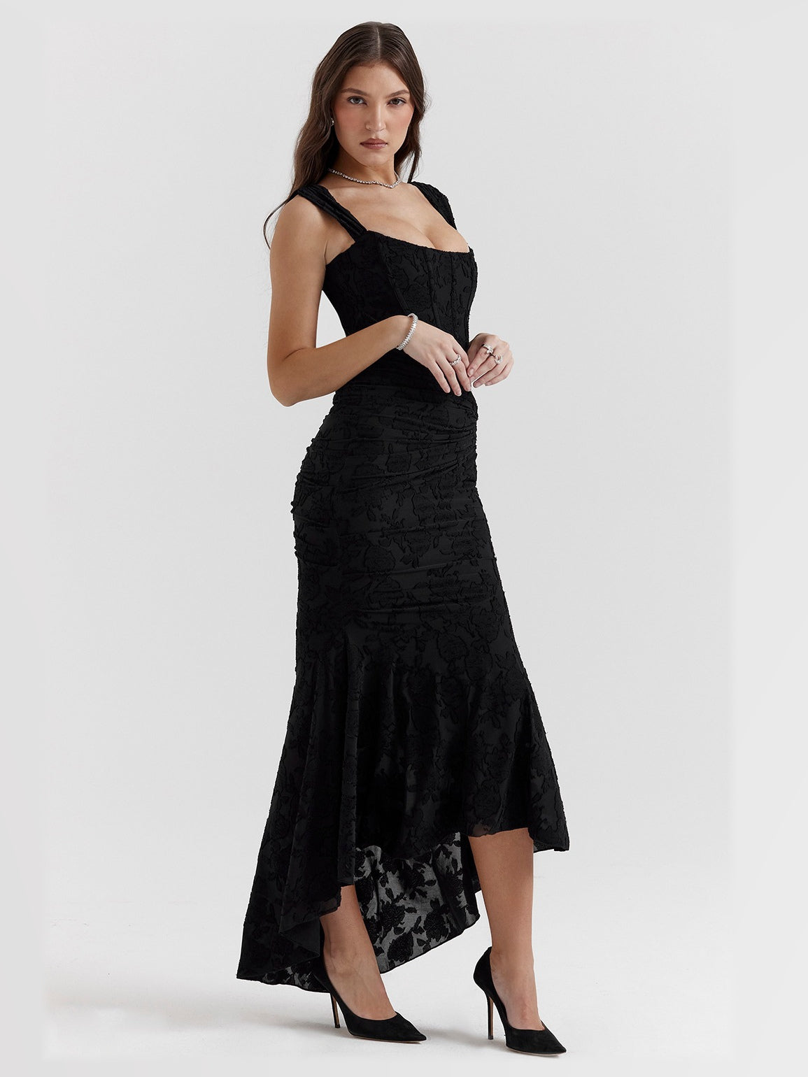 Black Floral maxi formal dress, alternate full-length view showing the overall shape