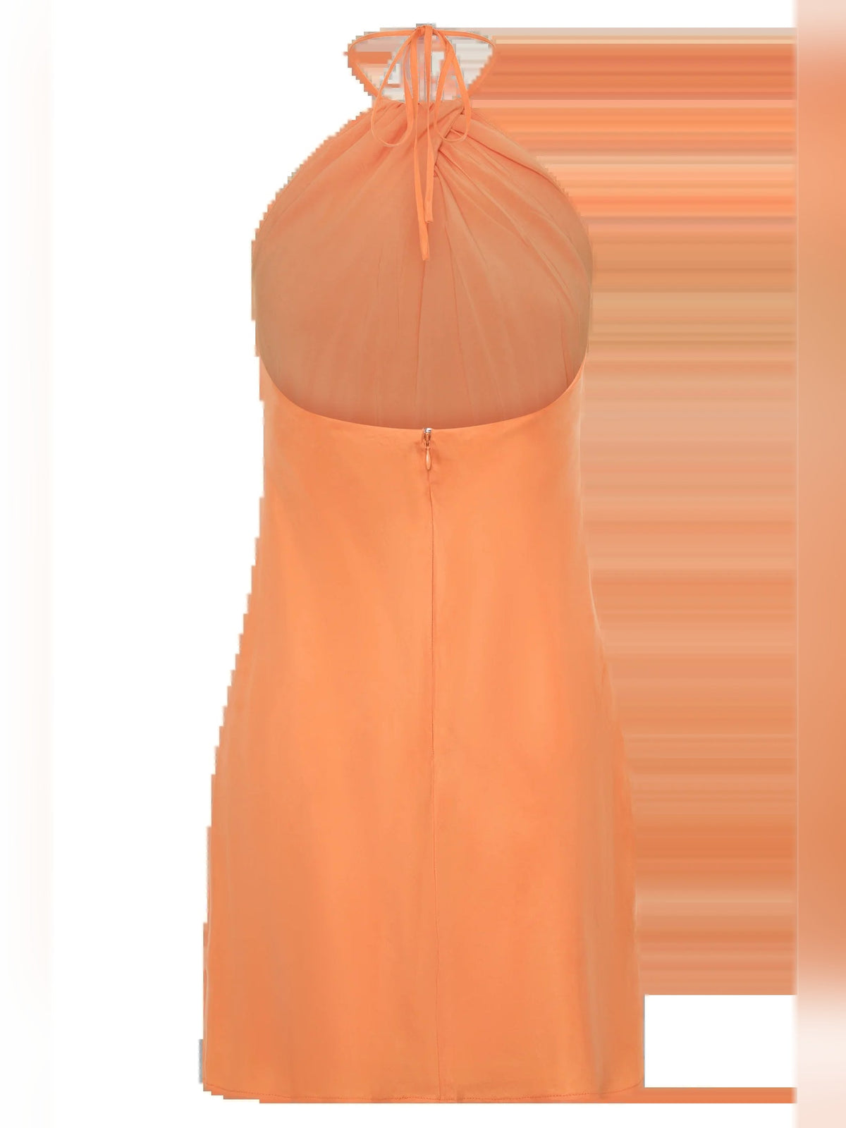Orange halter mini dress, gathered neck tie and pleated bodice