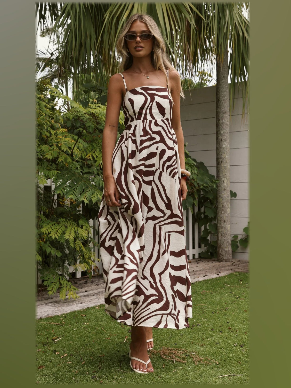 Mocha Abstract Print midi formal dress, alternate full-length view showing the overall shape