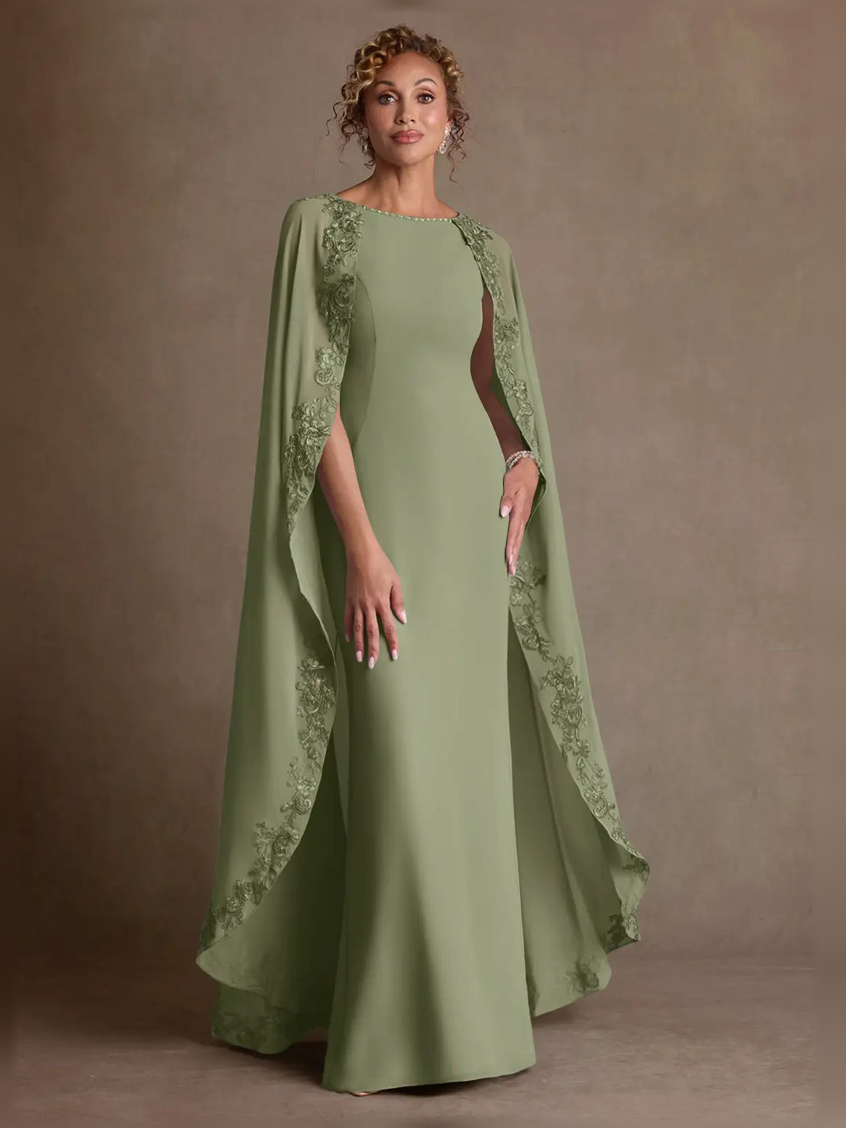 Pistachio green chiffon sheath maxi dress with boat neck and lace cape sleeves