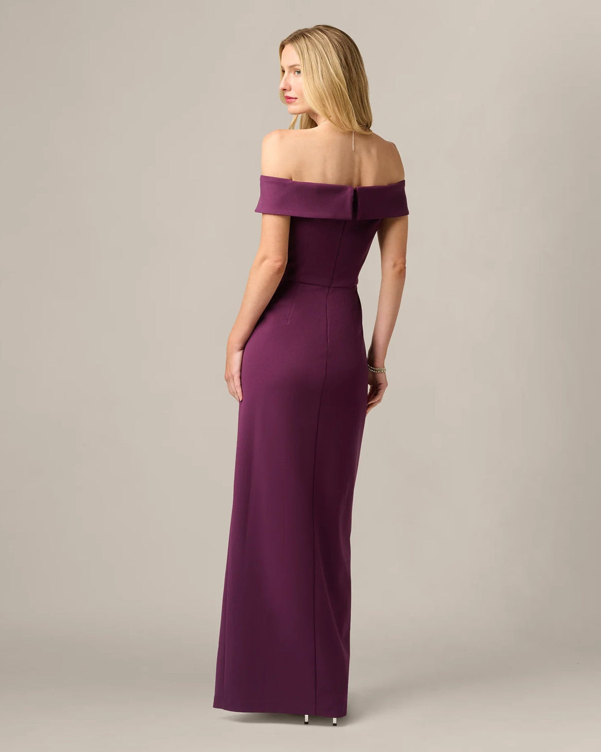 Plum wine off-shoulder A-line maxi dress, back view with draped neckline