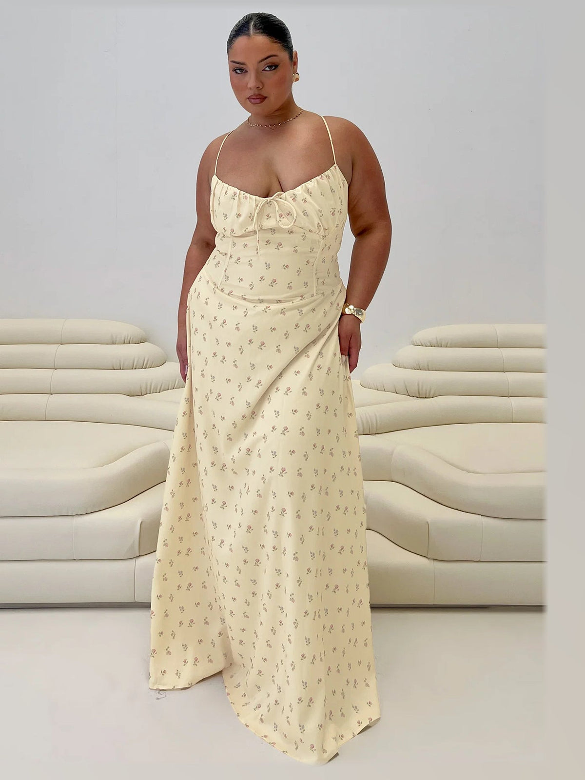 Yellow Floral formal dress with maxi formal style