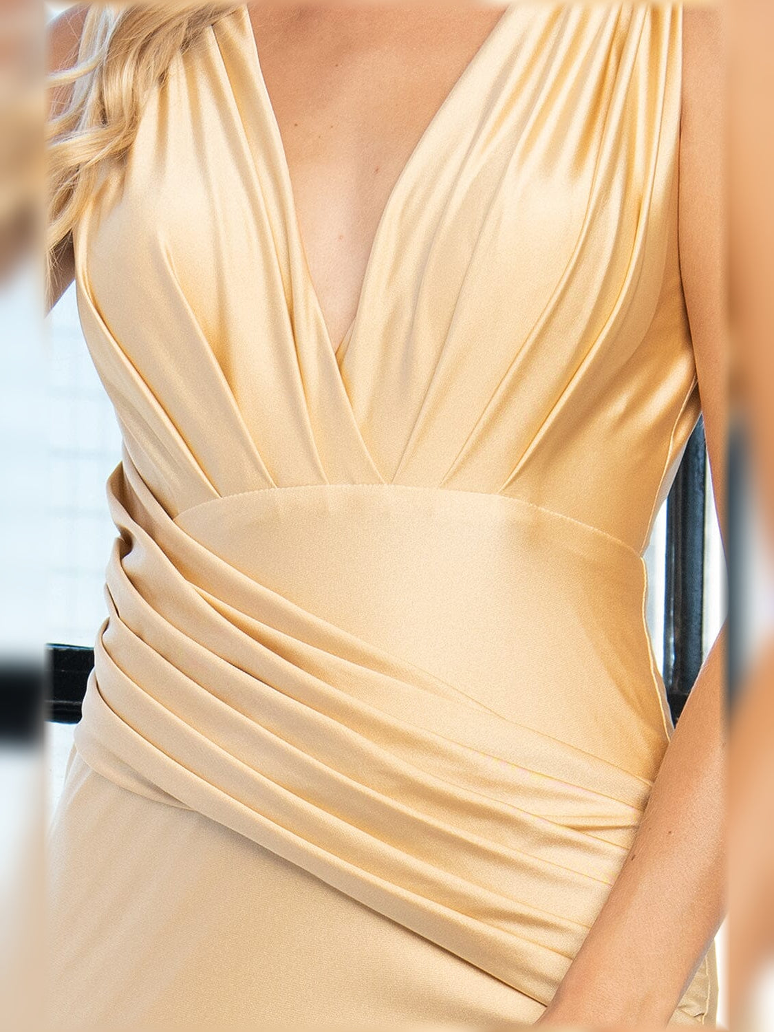 Champagne V-neck bodice with layered ruching and draped detail