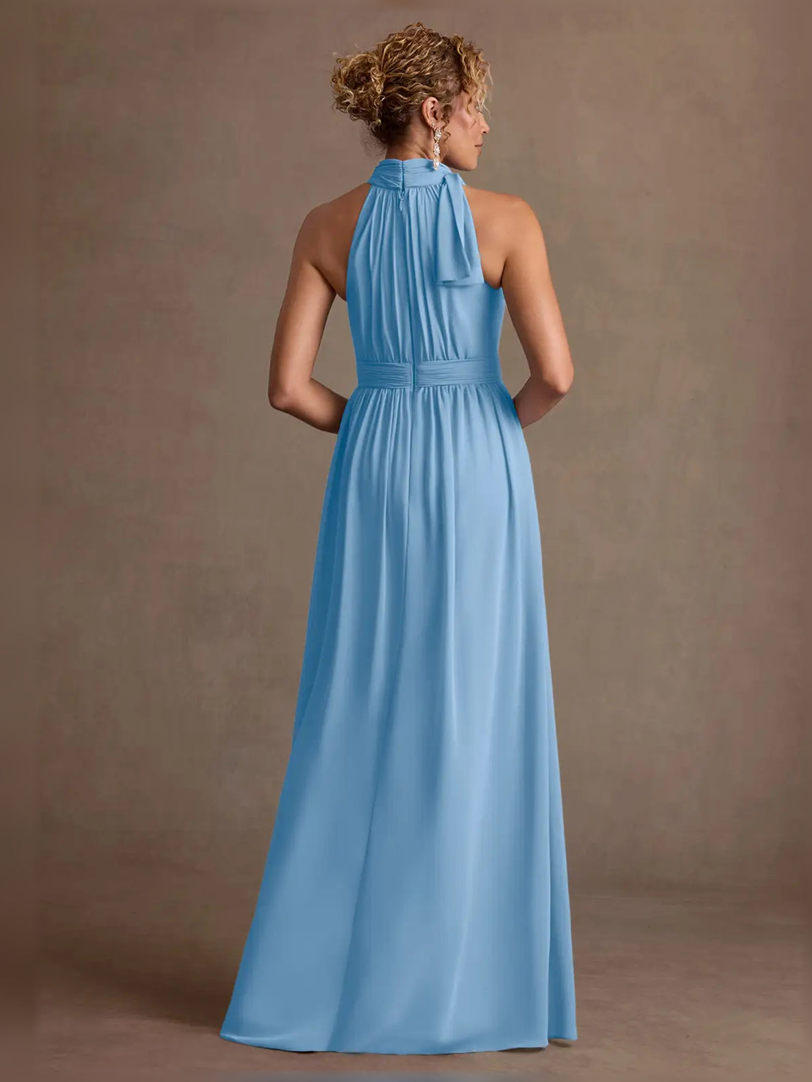 Light blue halter-neck ruched A-line maxi dress, back view