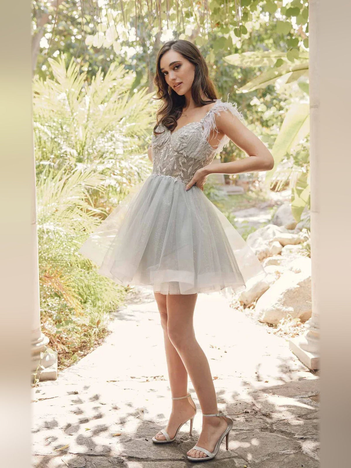 Light gray A-line mini tulle dress with lace bodice and layered skirt