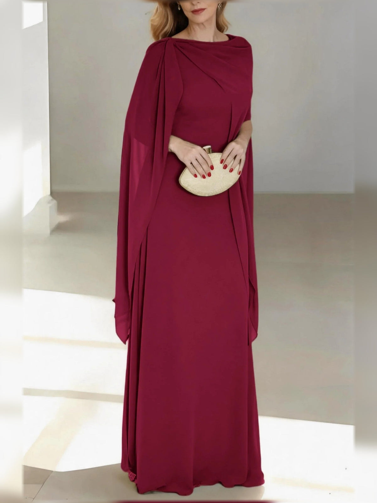 Burgundy draped V-neck A-line chiffon floor-length dress with cape sleeve