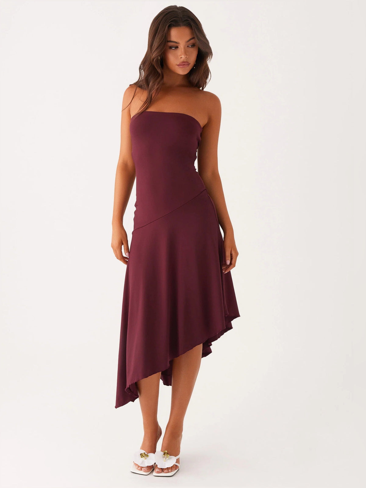 Mulberry midi formal dress, strapless fit-and-flare shape with asymmetrical hem