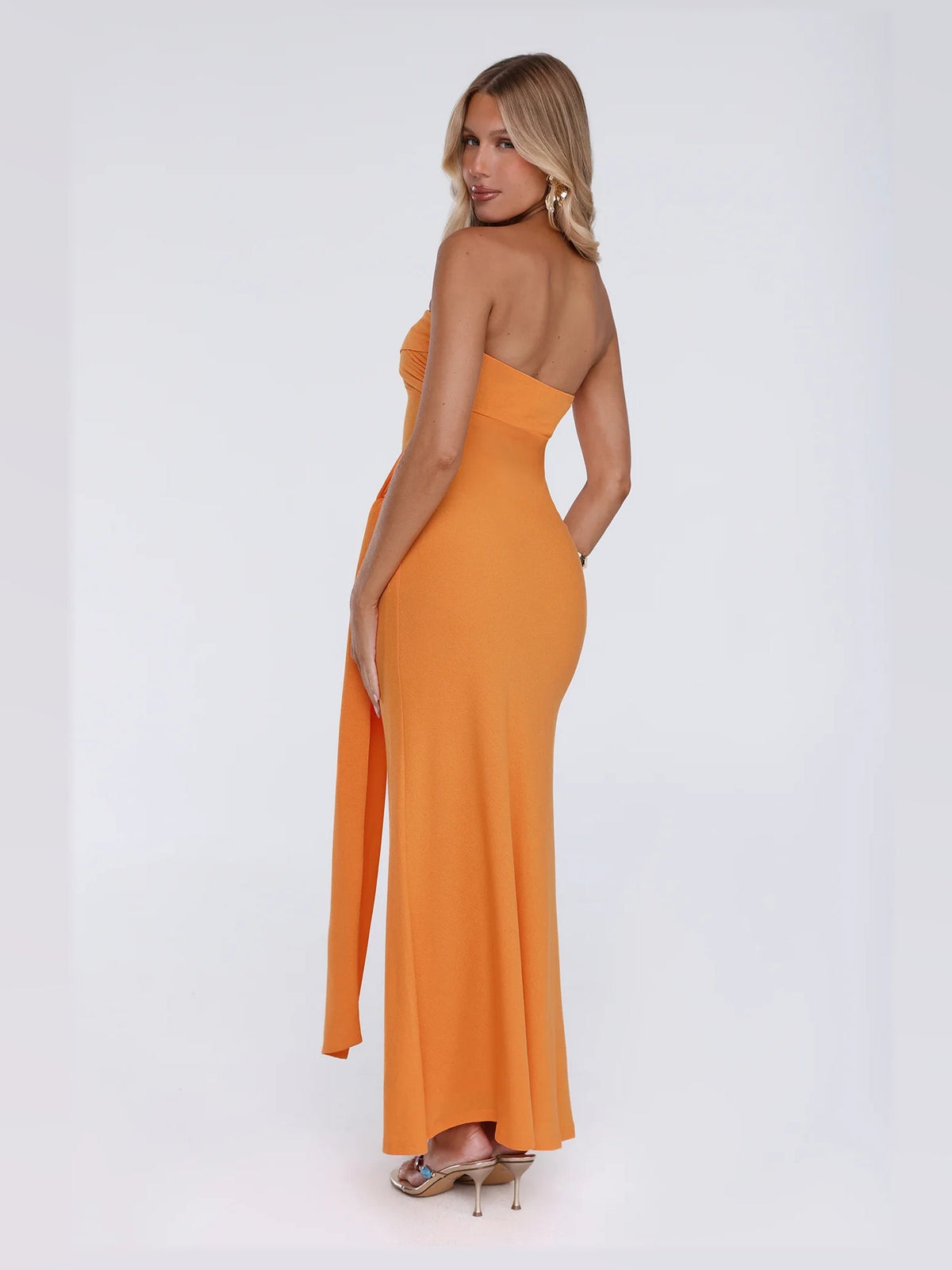 Orange maxi formal dress, alternate full-length view showing the overall shape