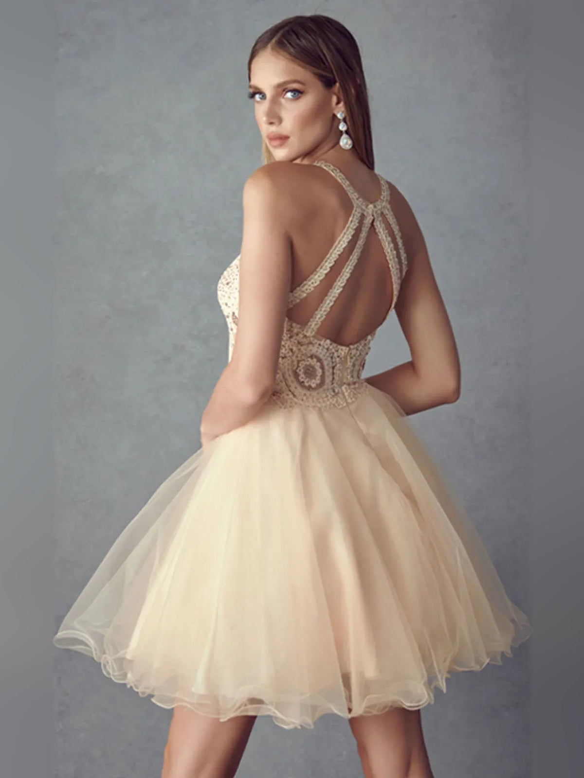 Champagne beaded halter backless short tulle A-line homecoming dress with crisscross ties