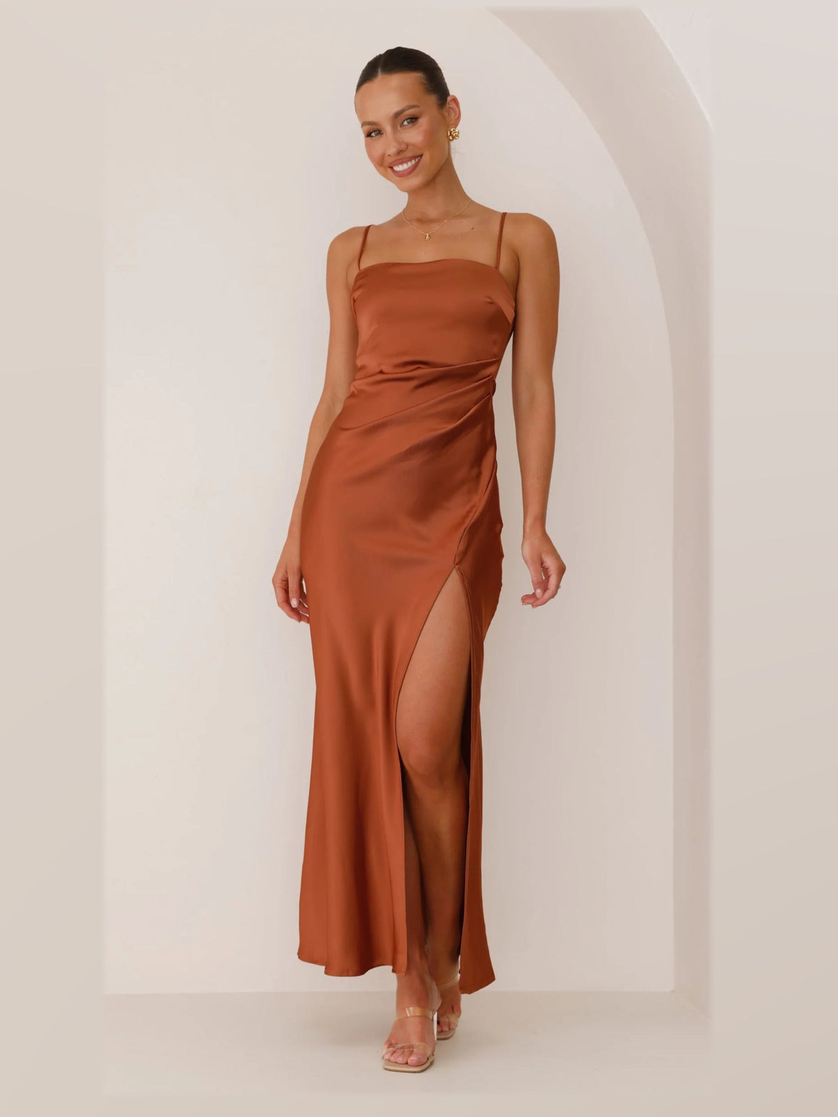 Copper maxi formal dress, alternate full-length view showing the overall shape