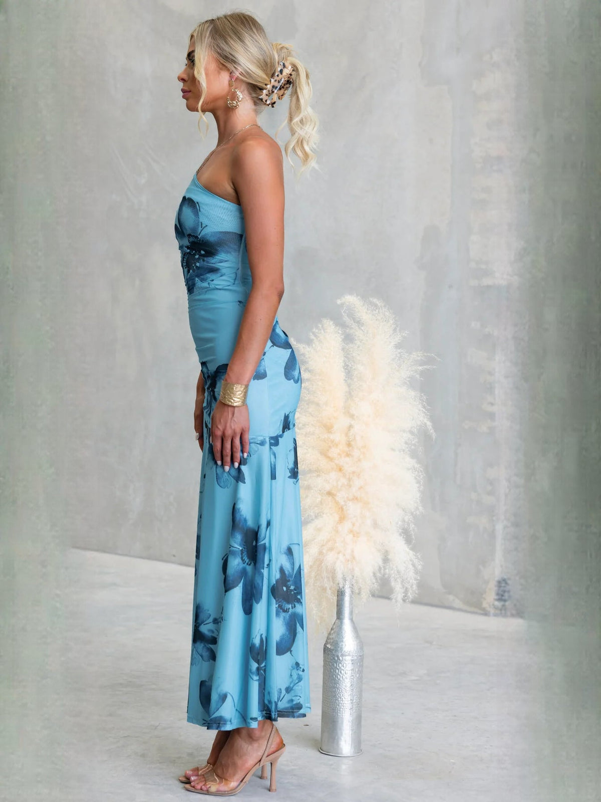 Light Blue Navy Floral Print sheath maxi formal dress with ruching, alternate full-length view showing the hem