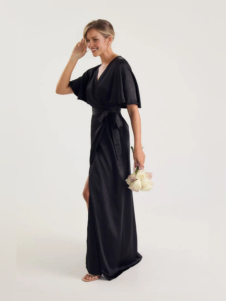 Black satin wrap bridesmaid dress with V-neck and side slit