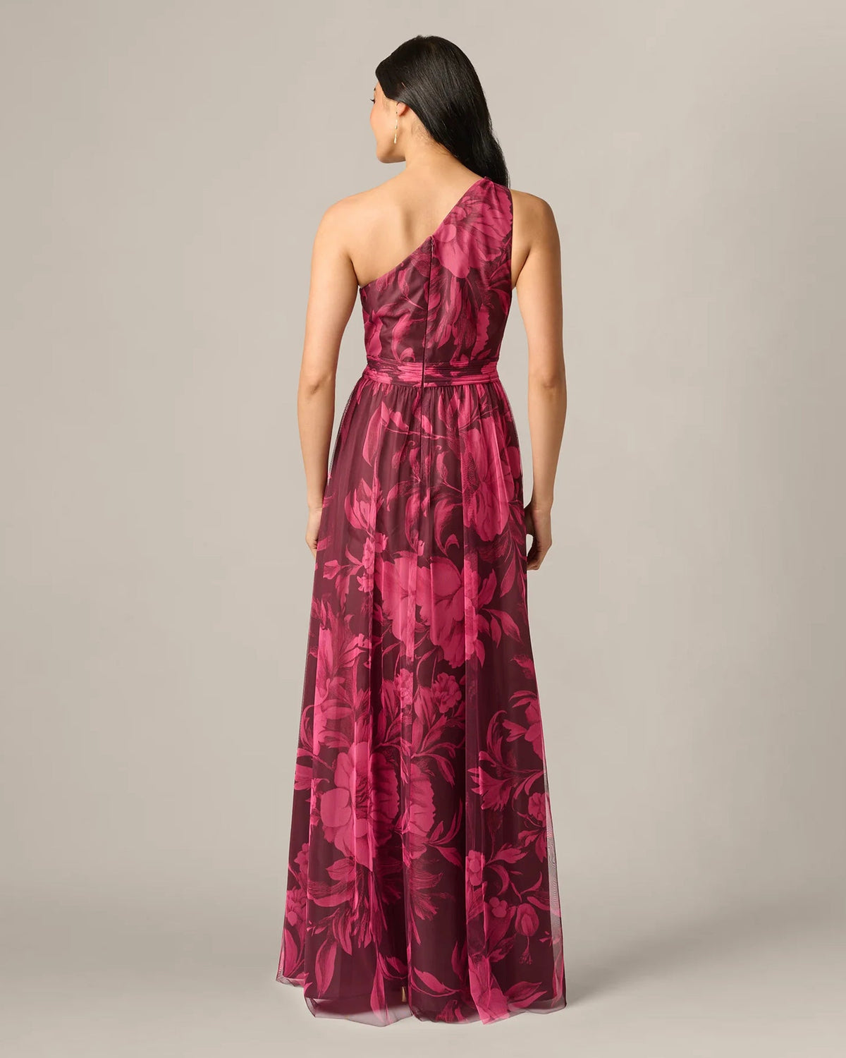 Burgundy floral one-shoulder maxi dress, back view with cinched waist