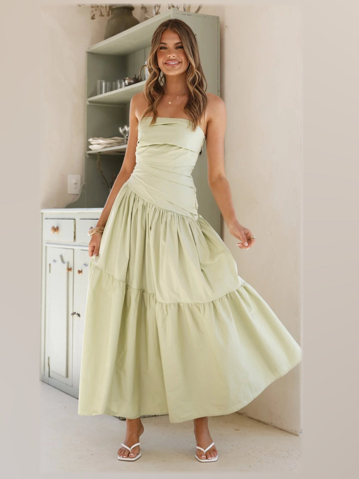 Sage midi formal dress, alternate full-length view showing the overall shape