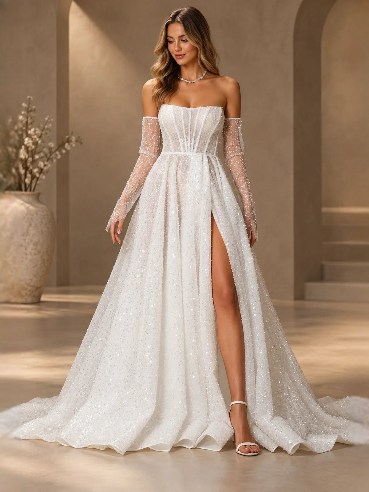 Ivory strapless corset A-line wedding dress with front slit and long sheer sleeves
