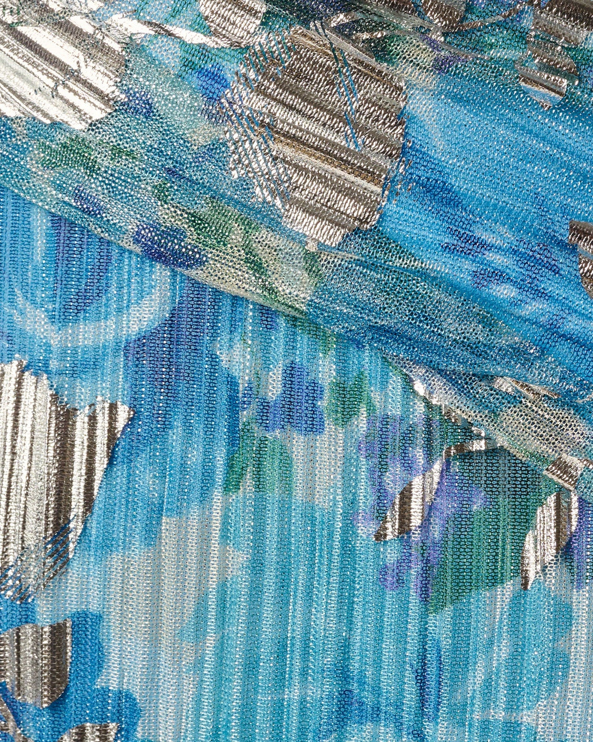 Blue floral print sheer fabric detail with multicolor textured pattern