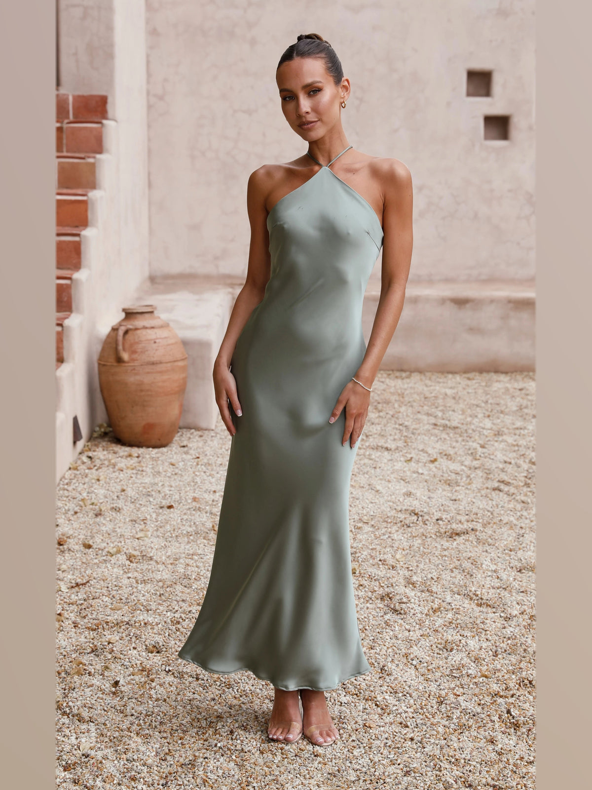 Green maxi formal dress, alternate full-length view showing the overall shape