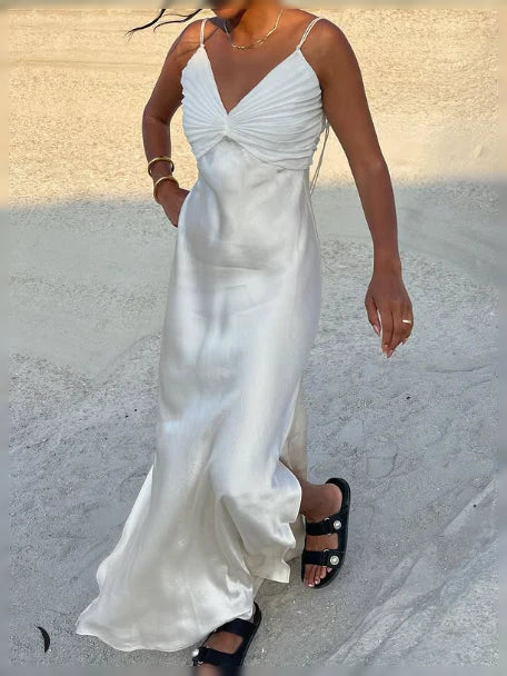 Ivory satin mermaid prom dress with ruched V-neck and side slit hem, ankle length