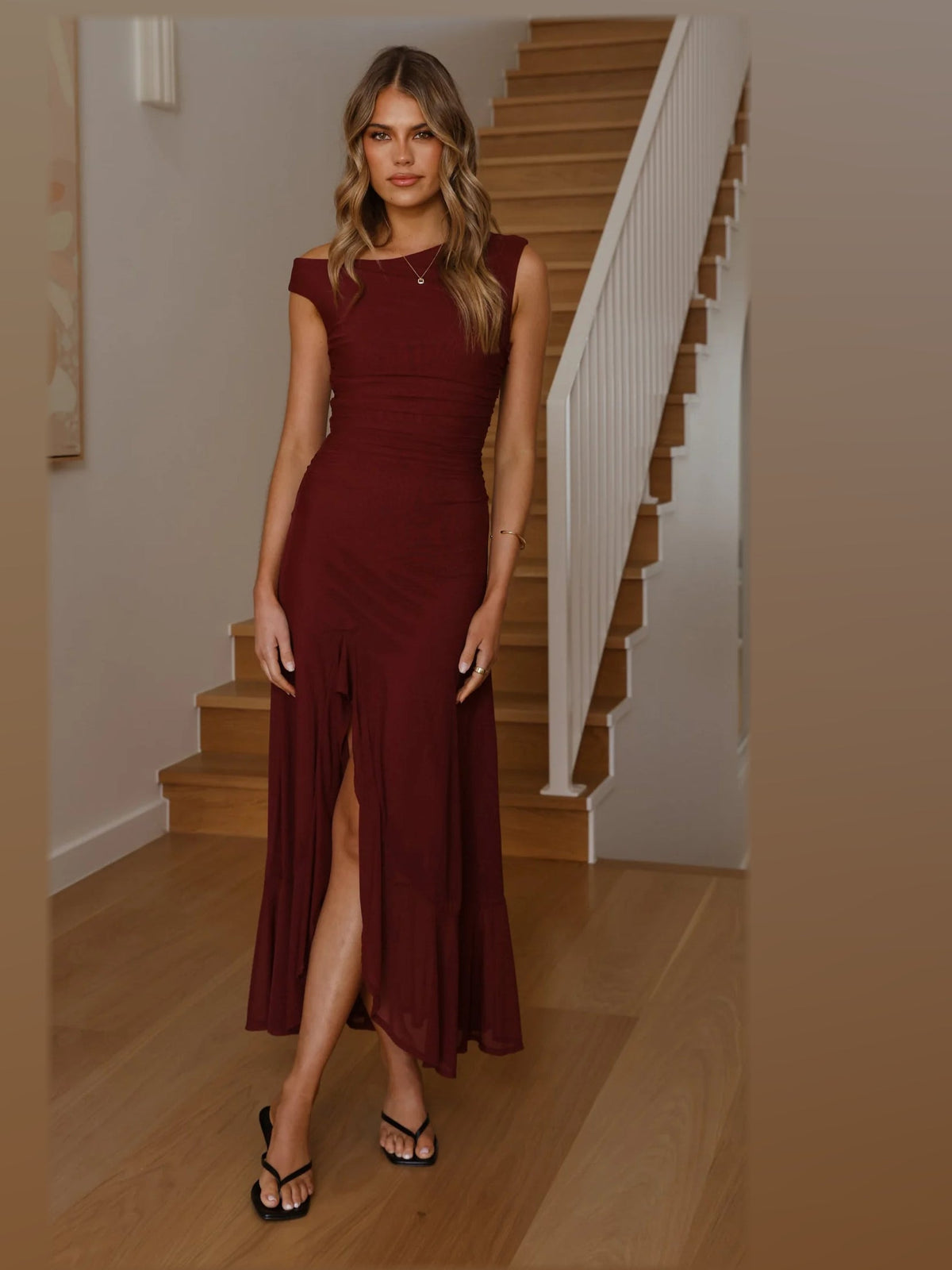 Wine maxi formal dress, alternate full-length view showing the overall shape