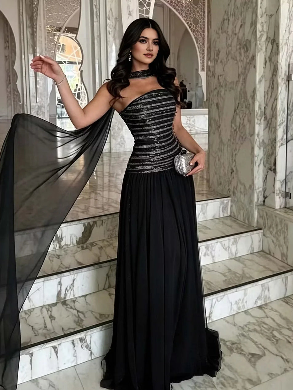 Black one-shoulder A-line prom dress with sequined bodice, floor-length