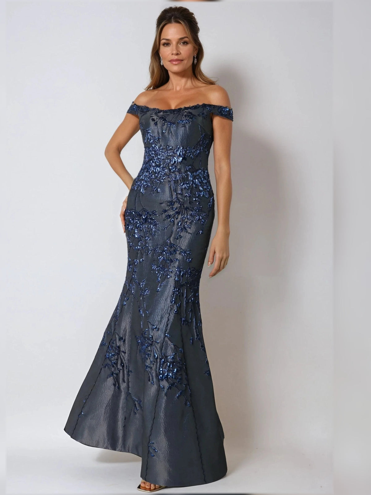 Navy floral off-shoulder A-line floor-length dress with beaded details