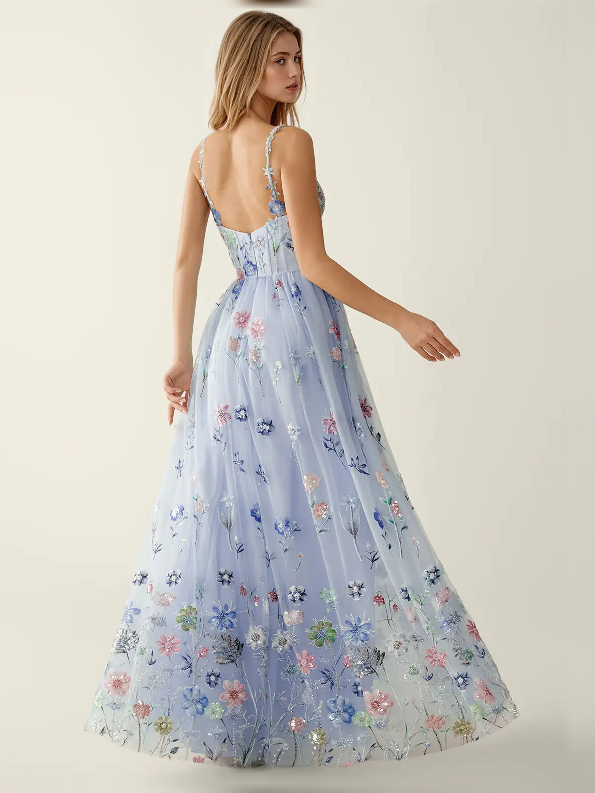 Light blue floral sequin fit-and-flare formal dress with sweetheart neckline and thin straps