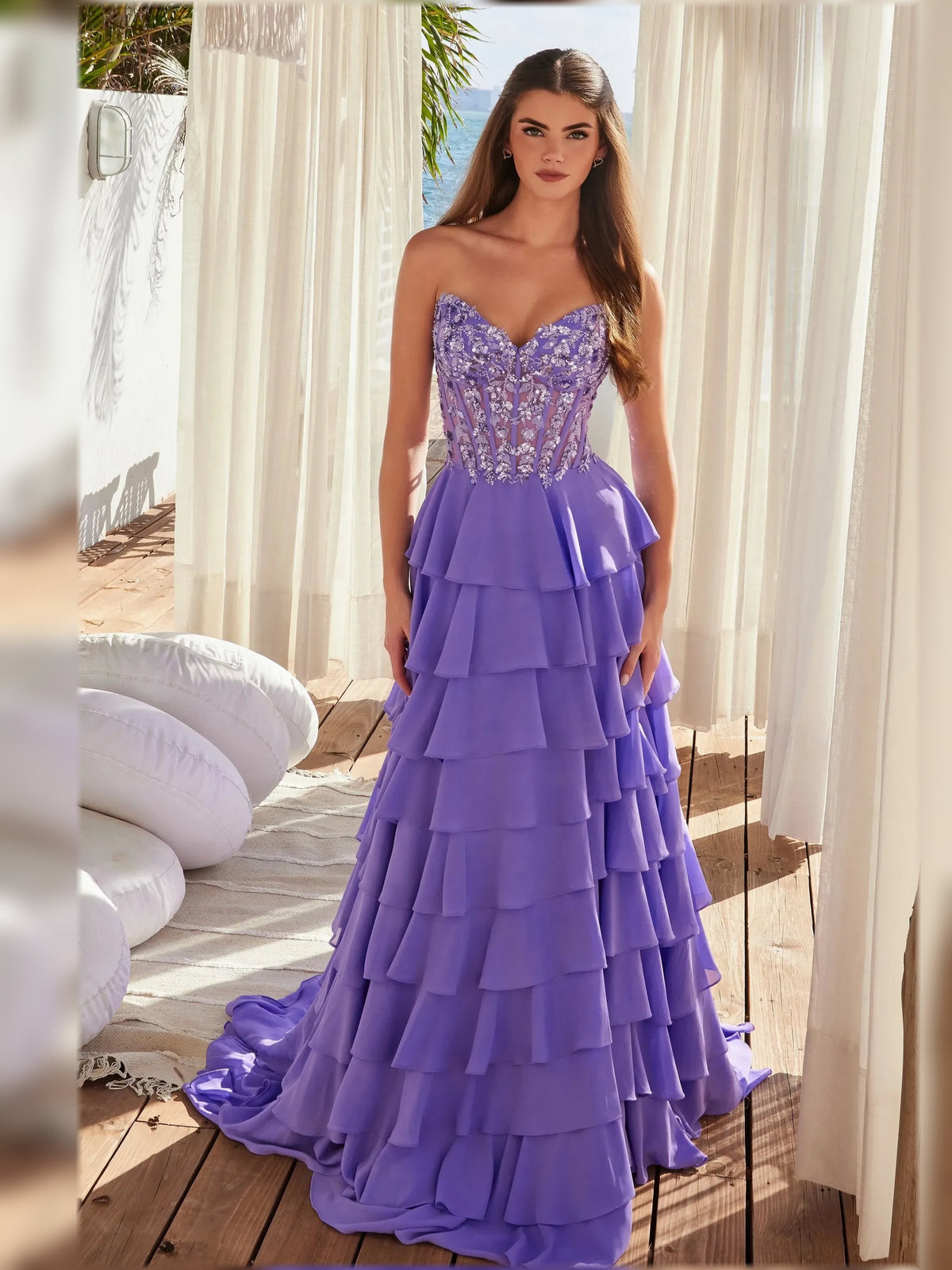 Purple sweetheart lace bodice A-line formal dress with tiered ruffle chiffon skirt