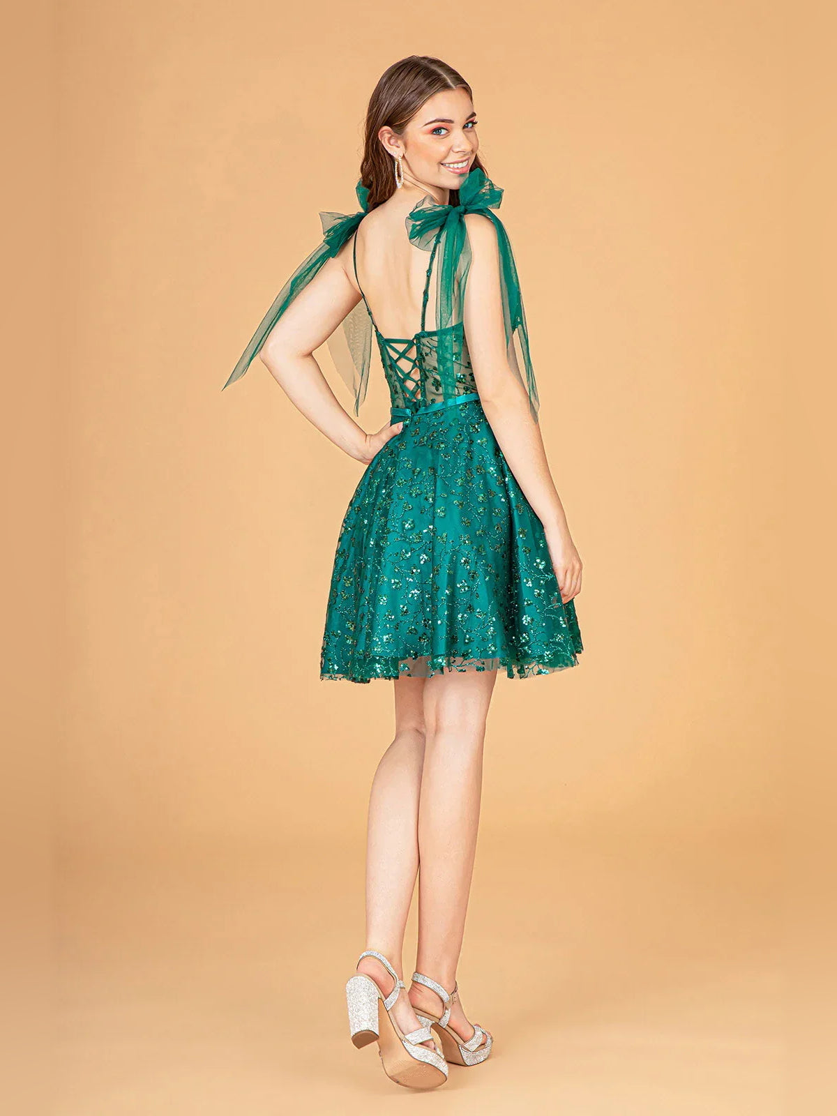 Teal floral corset back mini tulle dress with bow shoulder ties and sheer back