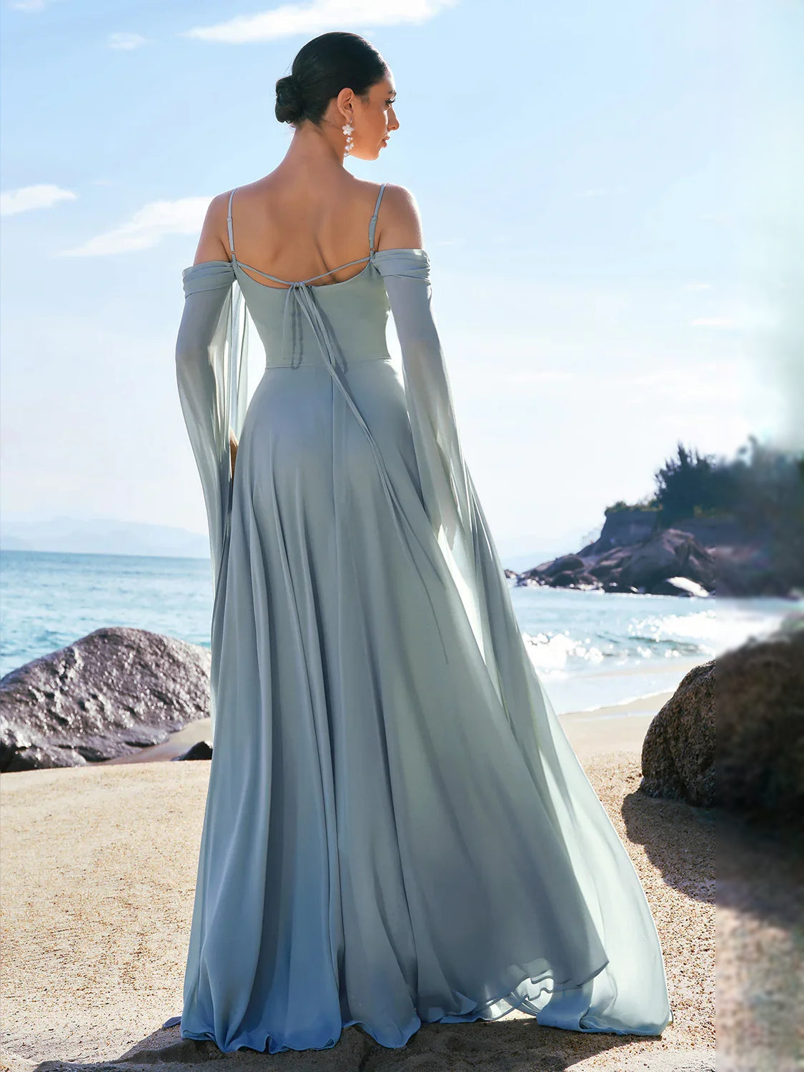 Dusty blue off-shoulder A-line chiffon bridesmaid dress with draped long sleeves